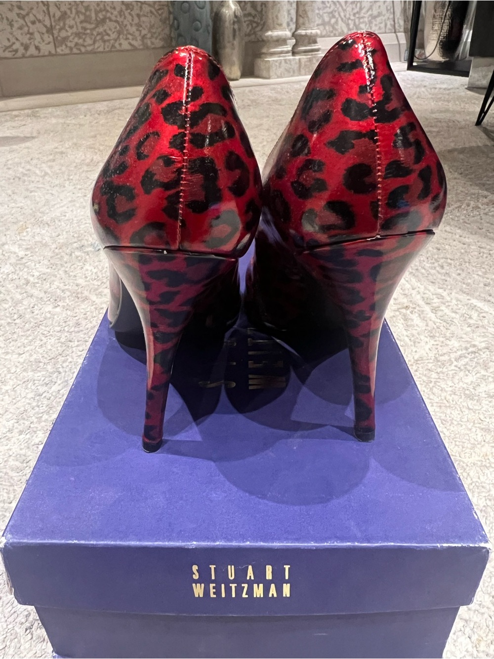 Stuart Weitzman Red Leopard Patent Leather Pointed-Toe Pumps